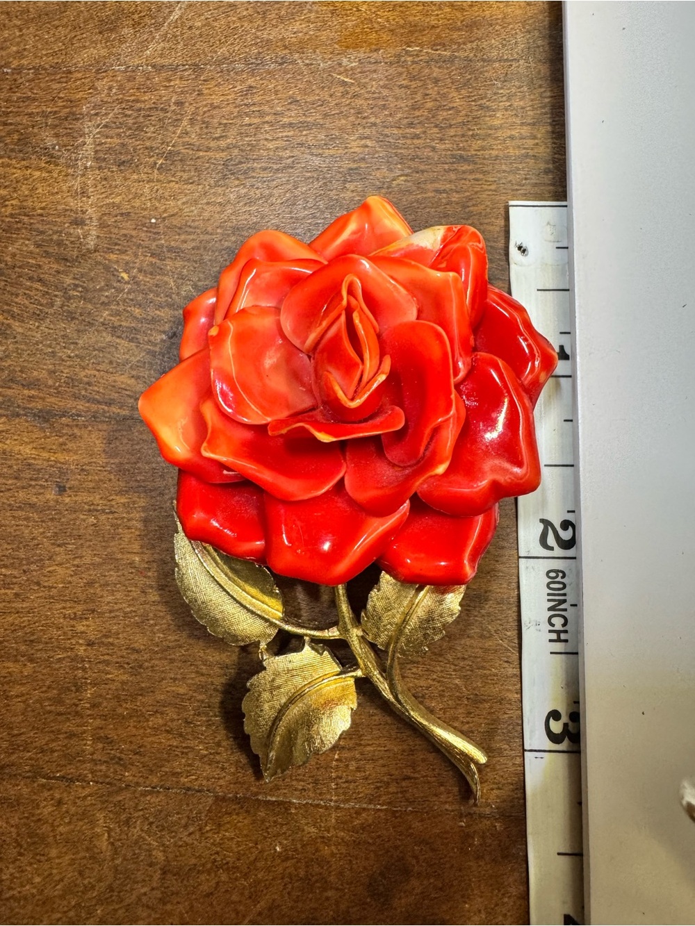 Vintage 1960s Red Enamel Cabbage Rose Brooch Pin Large Gold Tone Stem MCM GLOWS